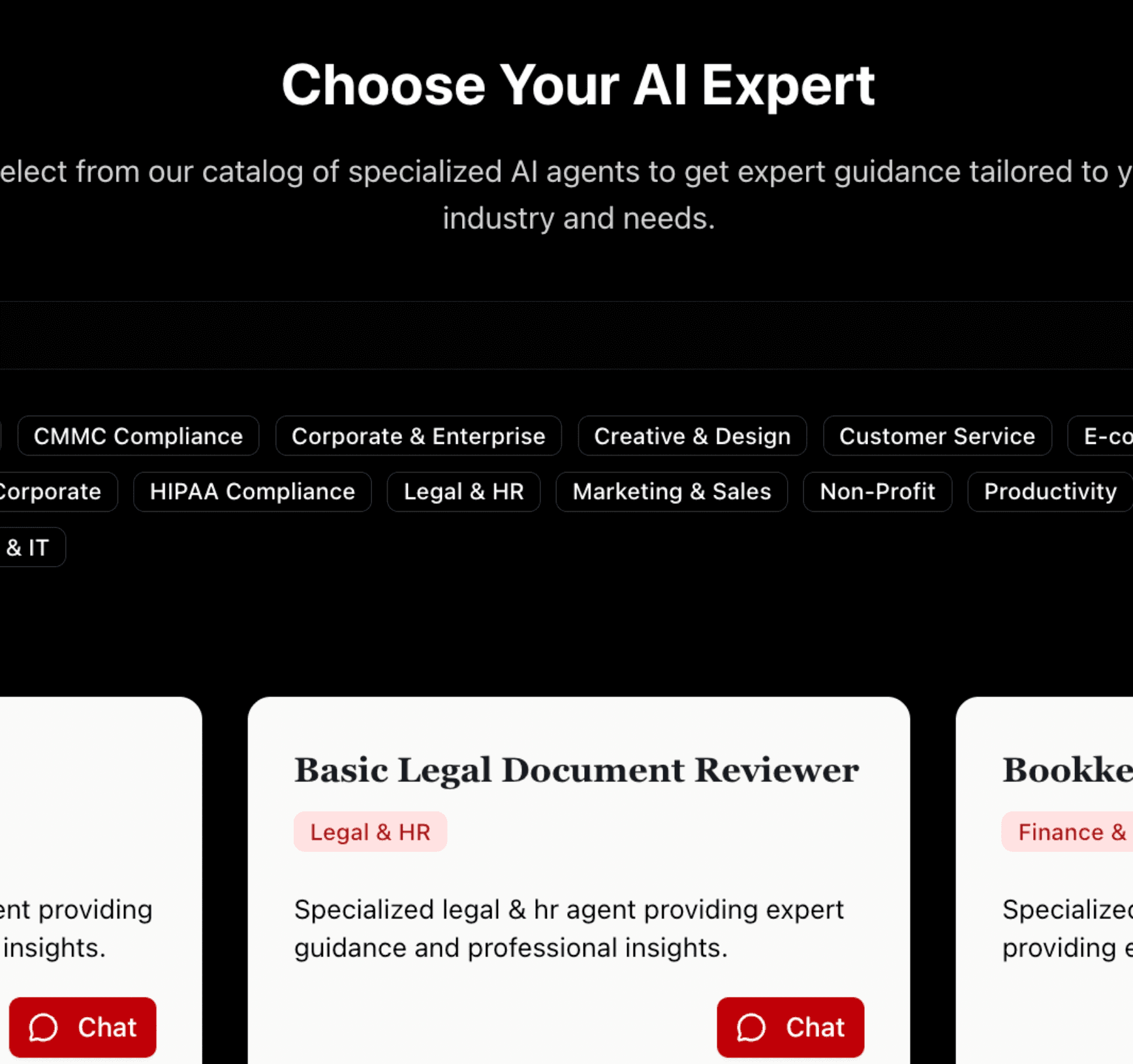 Choose Your AI Expert interface showing agent categories