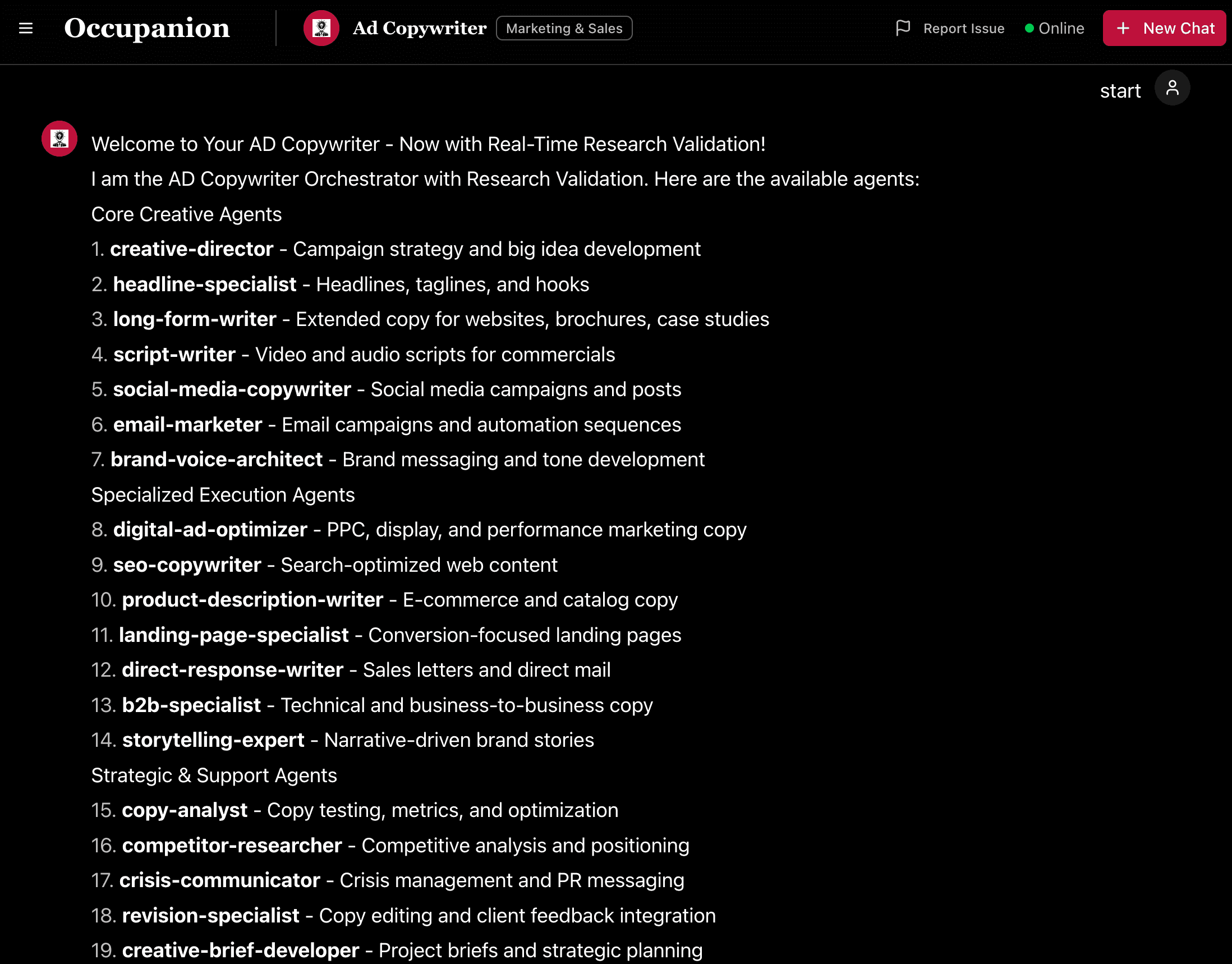 Agent selection interface showing specialized copywriting agents